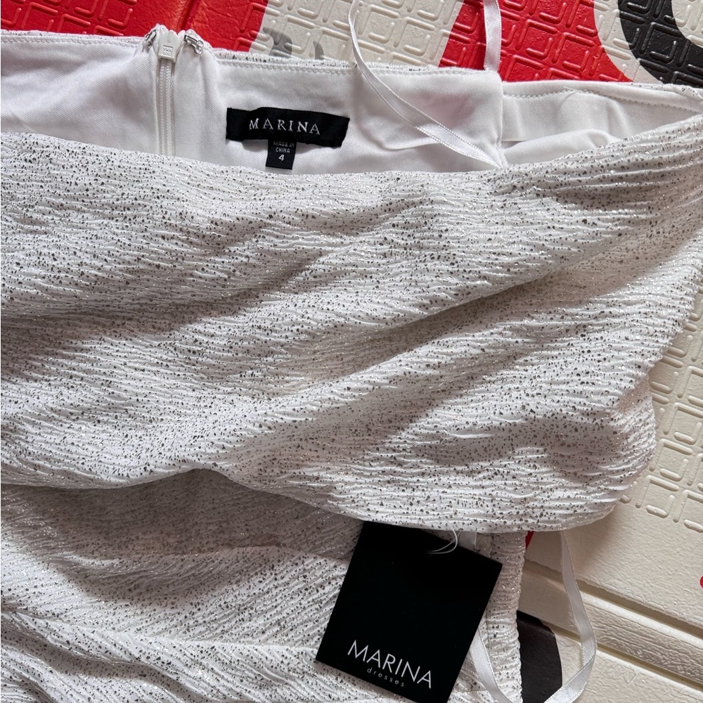 NWT Marina Off-the -Shoulder Metallic knit Shirred Dress Color TPE/SIL Size 4